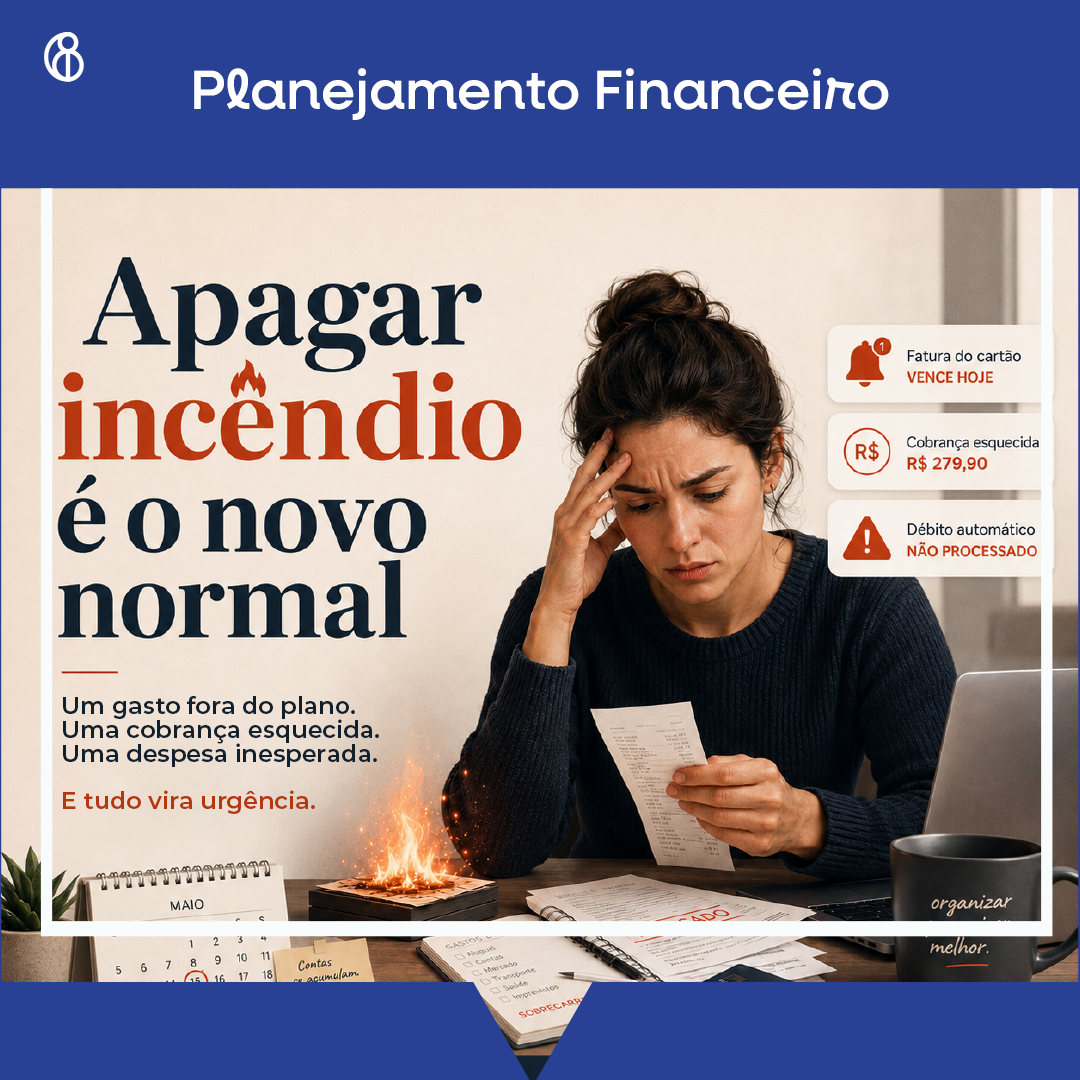 Pessoa tentando lidar com cobranças, contas e imprevistos, representando a sensação de viver apagando incêndios financeiros.