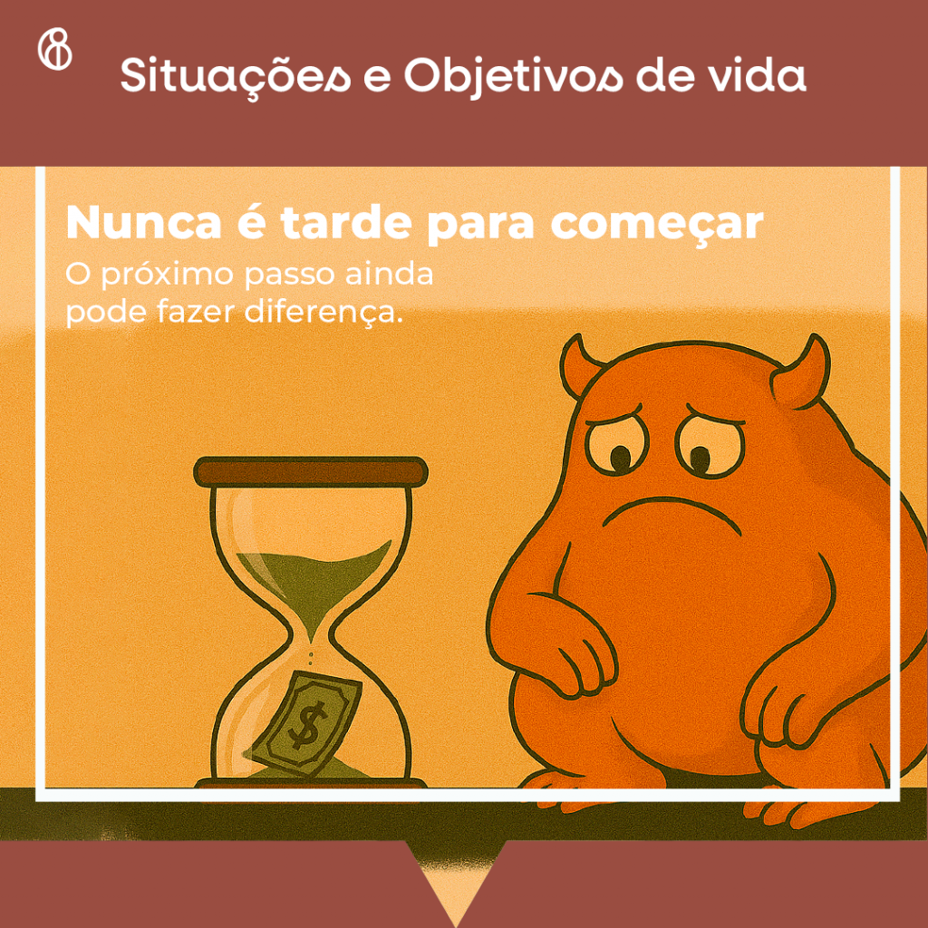 Ilustração sobre a importância de começar a investir cedo e o impacto do tempo no crescimento do patrimônio.