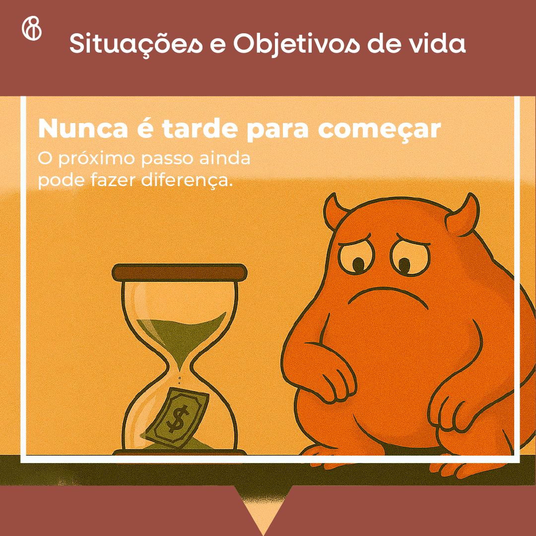 Ilustração sobre a importância de começar a investir cedo e o impacto do tempo no crescimento do patrimônio.