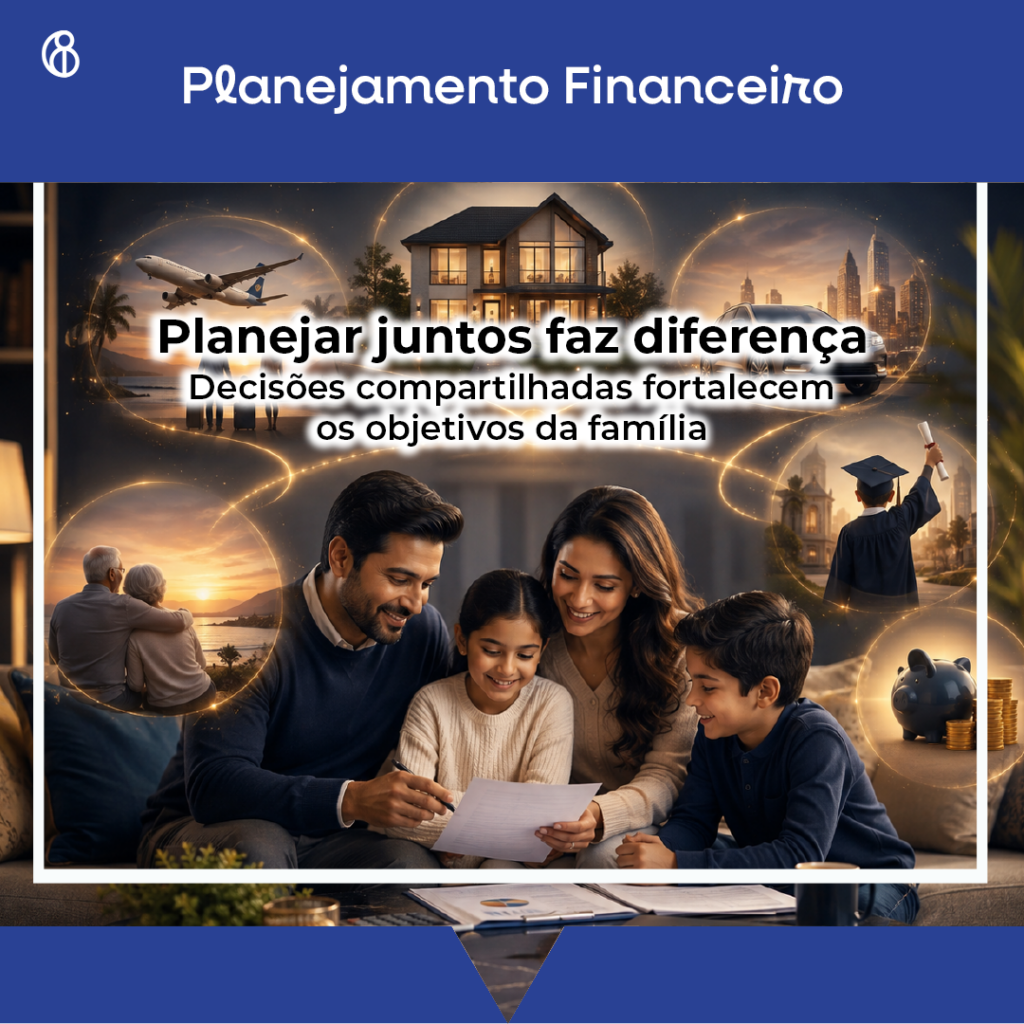 Família reunida planejando objetivos financeiros em conjunto